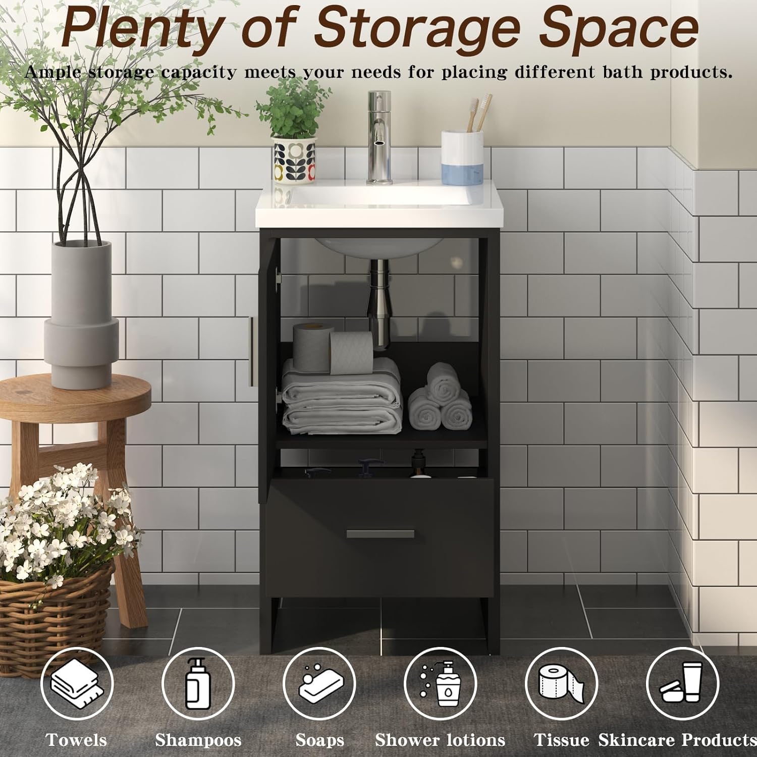 18" Small Bathroom Vanity Combo Set - Black Cabinet with Drop-in Ceramic Integrated Basin, Chrome Faucet & Pop Up Drain