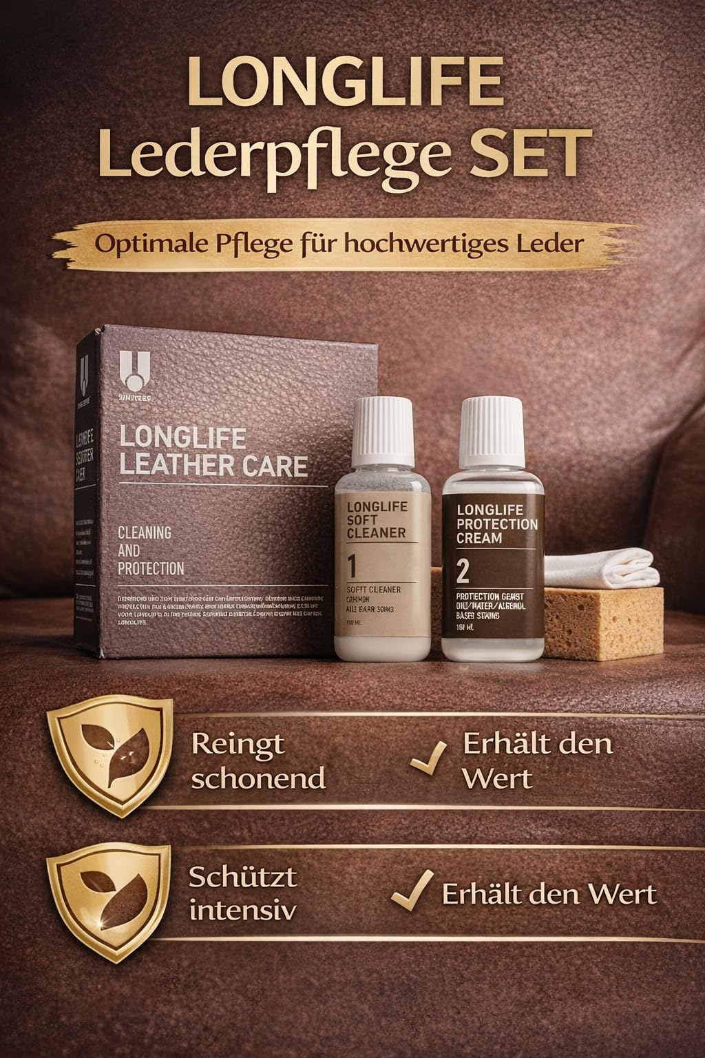 Uniters Longlife Leather Care Kit d'entretien du cuir 2 x 150 ml nettoyant et crème de protection pour cuir avec éponge et chiffon, nettoyage, entretien et protection pour cuir lisse, canapé, fauteuil