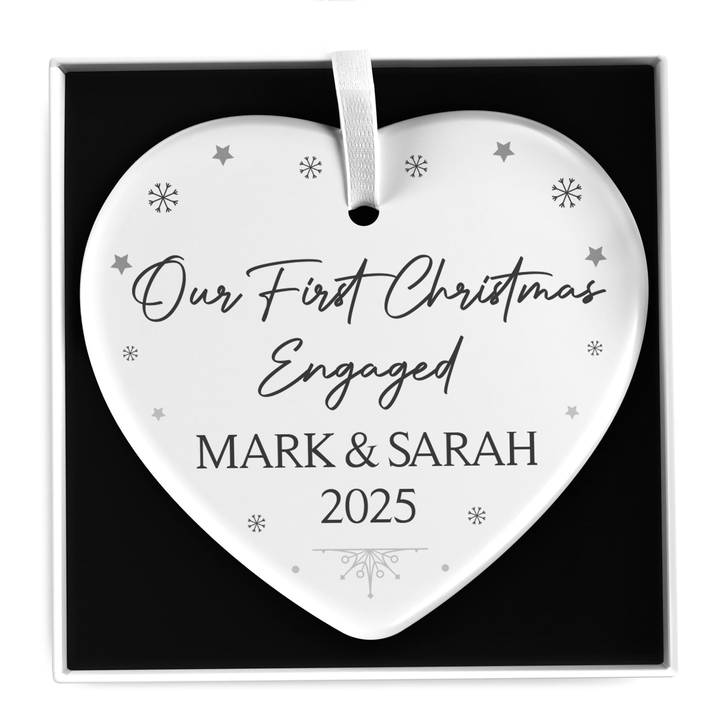 Personalised Our First Christmas Engaged Ceramic Christmas Tree Ornament, 1st Xmas Engaged Heart Circle Decoration, Fiance Engagement, With Gift Box
