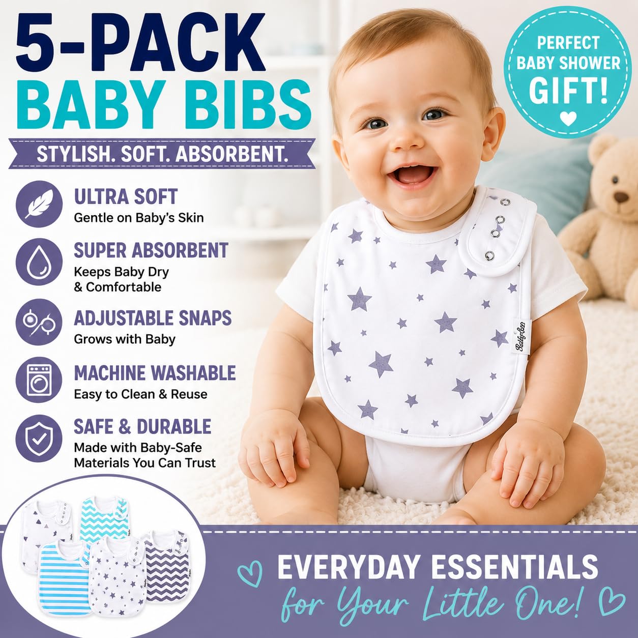 KiddyStar Double Layer Bandana Bibs - Thick, Multi Snaps, Organic Cotton - Soft & Absorbent - For Drooling, Teething, Feeding