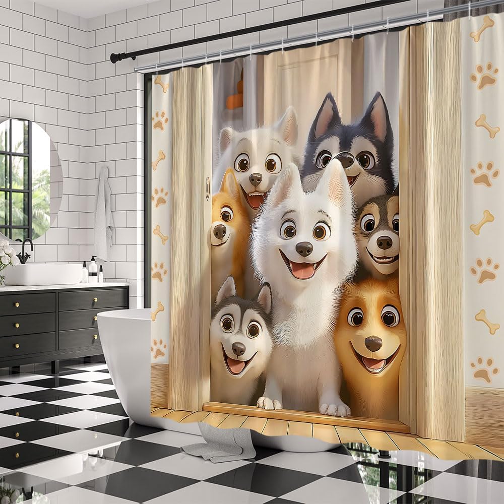 Funny Dog Shower Curtain Cute Cartoon Animal Lovely Pets Bone Paws Print Watercolor Farmhouse Animal Rustic Wooden Board Fabric Bathroom Decor Curtains with Hooks,70 x 82