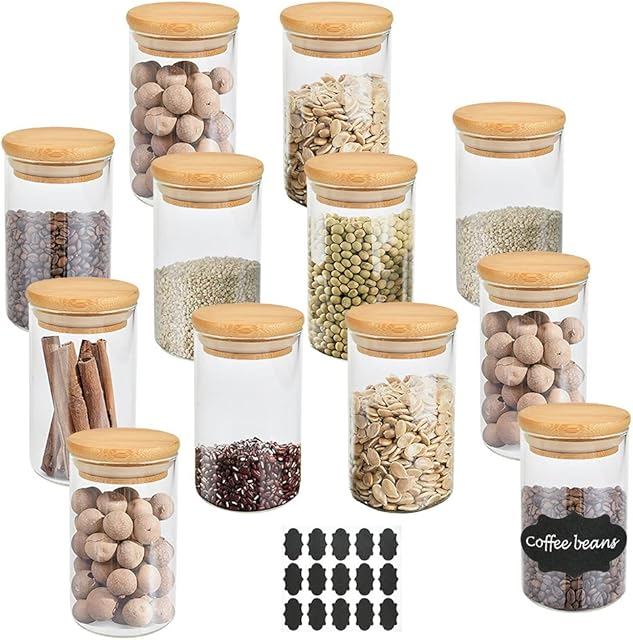 FOCCTS 12Pcs Small Glass Jars with Bamboo Lids, 150ML Kitchen Storage Jars Silicone Ring for Airtight Sealing Perfect for Grains, Seeds, Salt, Pepper, Spices(95 x 55 x 55mm)
