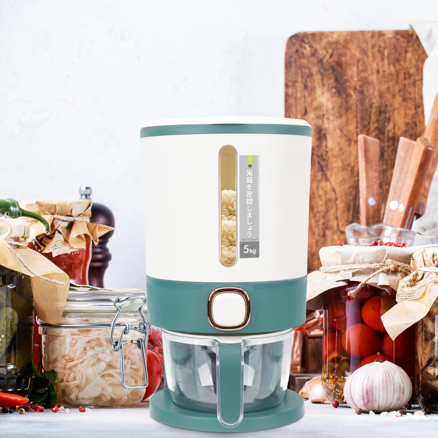 Sealed Rice Container 10lb Plastic Rice Storage Box with Measuring Press Dispenser, Airtight Grain Storage Bucket for Kitchen Pantry Organization