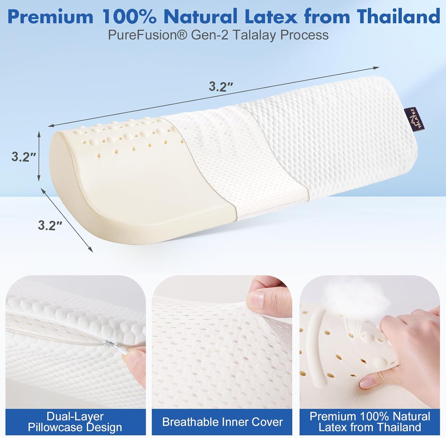 TALATEX Natural Latex Pillow for Neck Pain Relief, Ergonomic Teardrop Contour Pillow for Sleeping, Orthopedic Neck Support for Back Sleepers, Breathable & Odorless with Washable Cover
