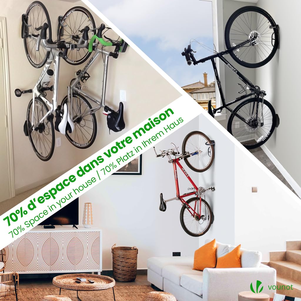 VOUNOT® 4 Pezzi Supporto per Biciclette da Parete Pieghevole, Portabici da Muro Salvaspazio con Cuscinetti, Gancio Appendere Verticale per Garage Cantina Shed, Nero