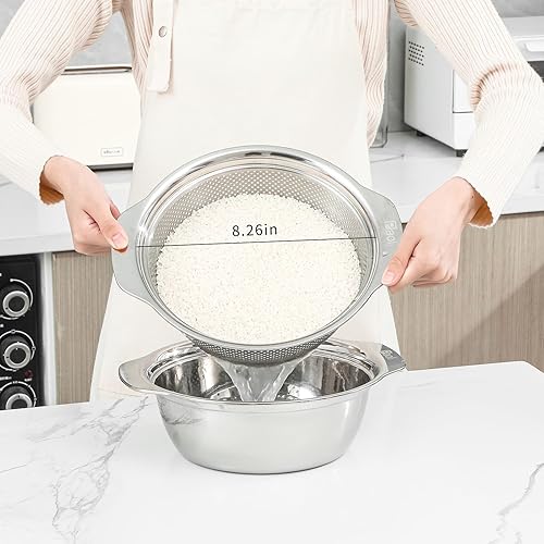 Miniatura 24 de Colador microporoso de acero inoxidable 304 con mango, Arandelas de arroz Colador microporoso Set Para lavar verduras, frutas y arroz, y drenar