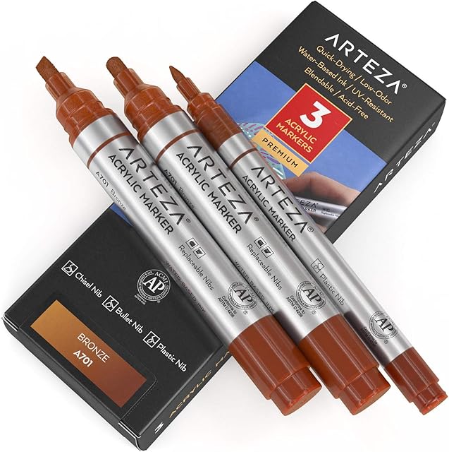 ARTEZA Acrylic Paint Markers, Pack of 3, A701 Bronze, 1 Thin and 2 Thick (Chisel + Bullet Nib) Outdoor Acrylic Paint Pens, for Metal, Canvas, Rock, Ceramic Surfaces, Glass, Wood, and Fabric