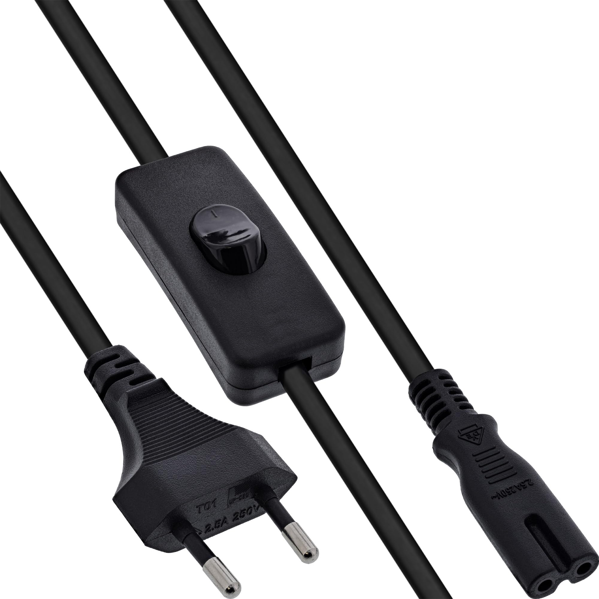 Inline Euro 16151 - Cavo di alimentazione con interruttore, spina CEE 7/16 a IEC-C7, 2 poli, cavo di alimentazione per dispositivi AV, nero, 1 m