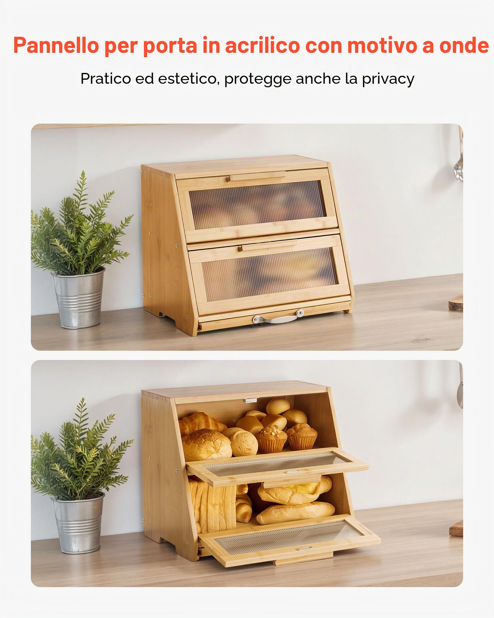 VEVOR Contenitore per Pane a Doppio Strato per Bancone della Cucina 390 x 260 x 320 mm Contenitore per Pagnotta in Legno di Bambù per Pane Fatto in Casa, con Pannello Porta in Acrilico Ondulato