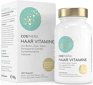 Cosphera Haar-Vitamine - Hochdosiert mit Biotin, Selen und Zink als Beitrag zum Erhalt normaler Haare. Plus Folsäure &amp; Hirse Samen Extrakt (reich an Silizium) - 120 vegane Kapseln im 2 Monatsvorrat.