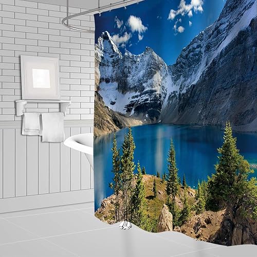 Miniatura 2 de YSATNSFT Cortina de ducha escénica de montaña, naturaleza, montaña, lago, cielo azul, nube, paisaje, simple, tela para el hogar, juego de decoración