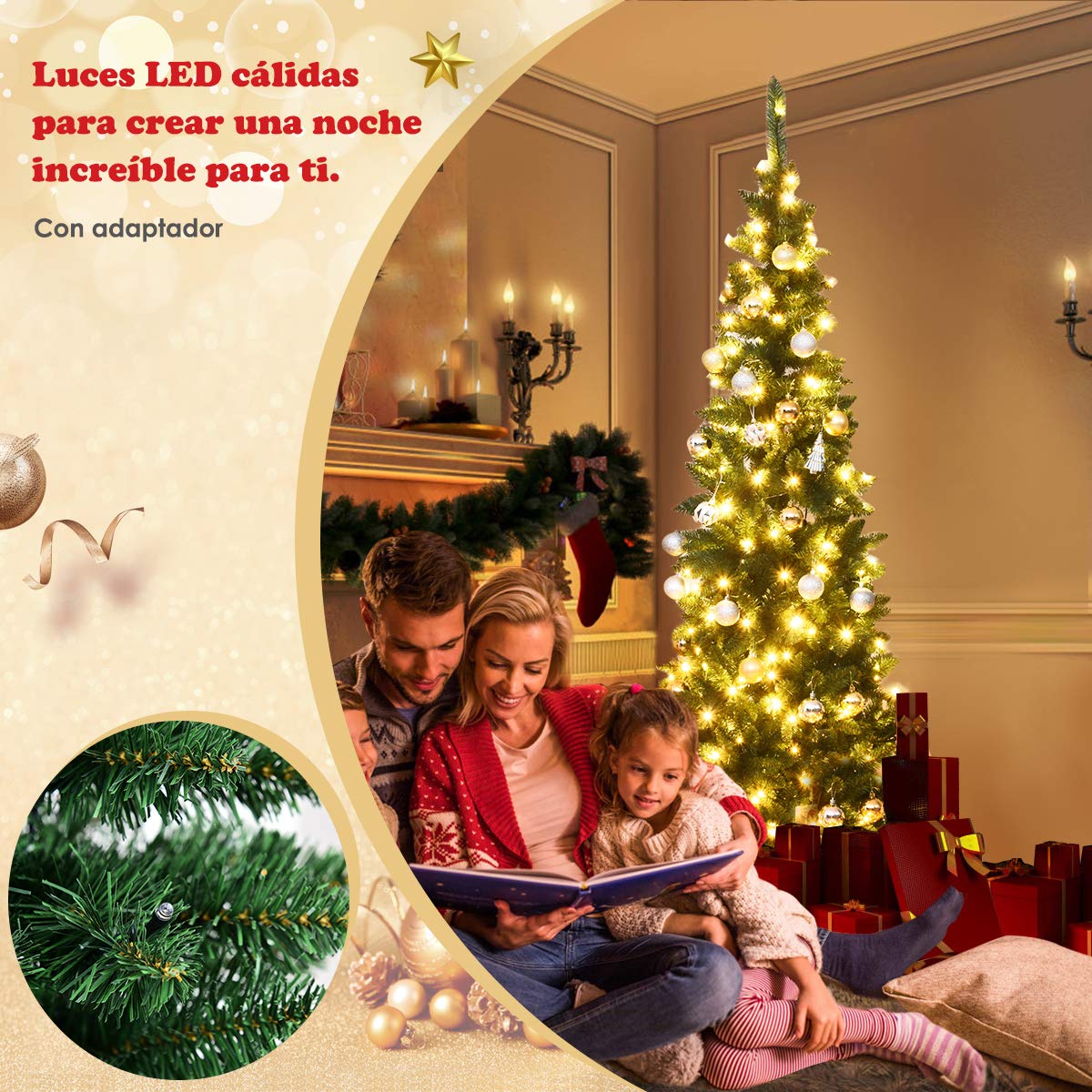 COSTWAY 200 cm Arbol de Navidad Slim/Estrecho con 250 Luces LED, Blanco Cálido, Agujas en PVC de 708 Ramas, arbol de Navidad con Luces Incorporadas, Arvore de Natal Hogar Fiesta Interior (200 cm)