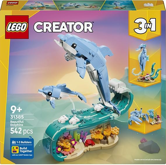 LEGO Creator 3'ü 1 Arada Deniz Hayvanları: Güzel Yunuslar 31385 – 9 Yaş ve Üzeri Çocuklar için Denizatı veya Yengece Dönüşebilen Yaratıcı Oyuncak Yapım Seti, Dekoratif Hediye Fikri (542 Parça)