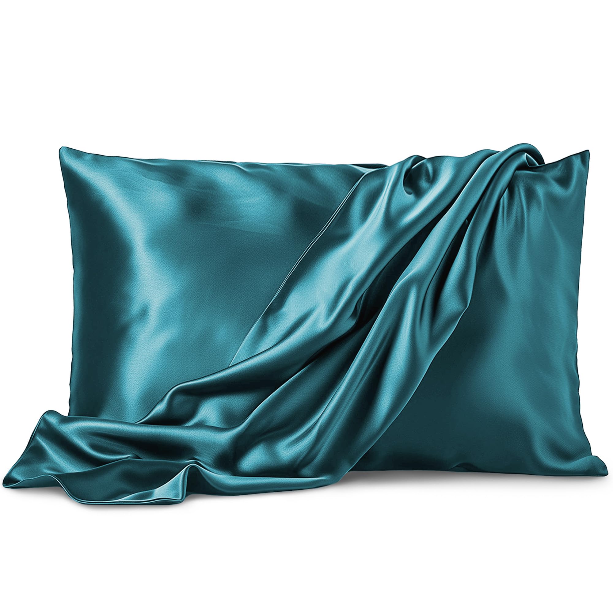 PURE BEDDING Satin Pillowcase Queen [2-Pack, - Hotel Silky Pillow Cases For Hair And Skin (2 Standard Pillowcases - Teal)