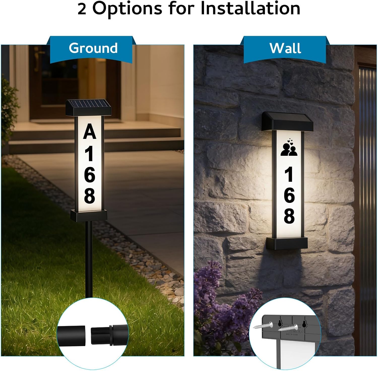 Lacasa Solar Address Sign, Dual-Sided Lighted House Numbers for Outside, Waterproof LED Illuminated Address Plaque with Stakes, 3 Color Modes, Wall Mounted or In Ground for Yard Home