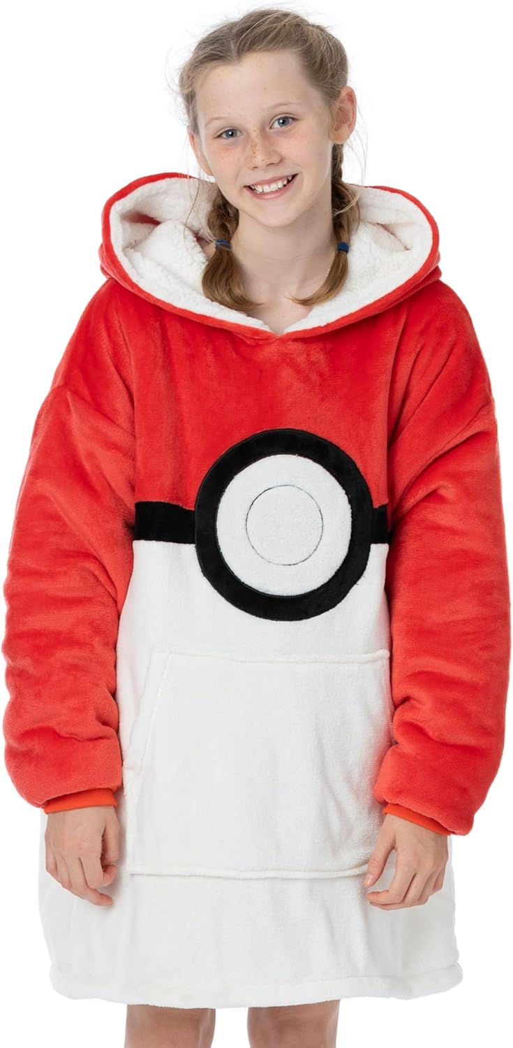 Pokemon Kids Blanket Hoodie Oversized Double Lined Sherpa Fleece Yellow Or Red - Image 2