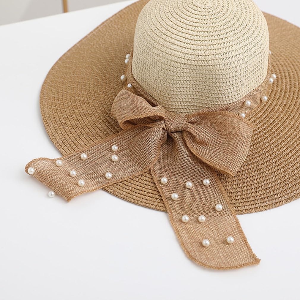 Summer Pearl Bow Women Beach Sun Hat Foldable Grass Hat Lady Beige Brown Color Matching Sunshade Straw Hats - Image 3
