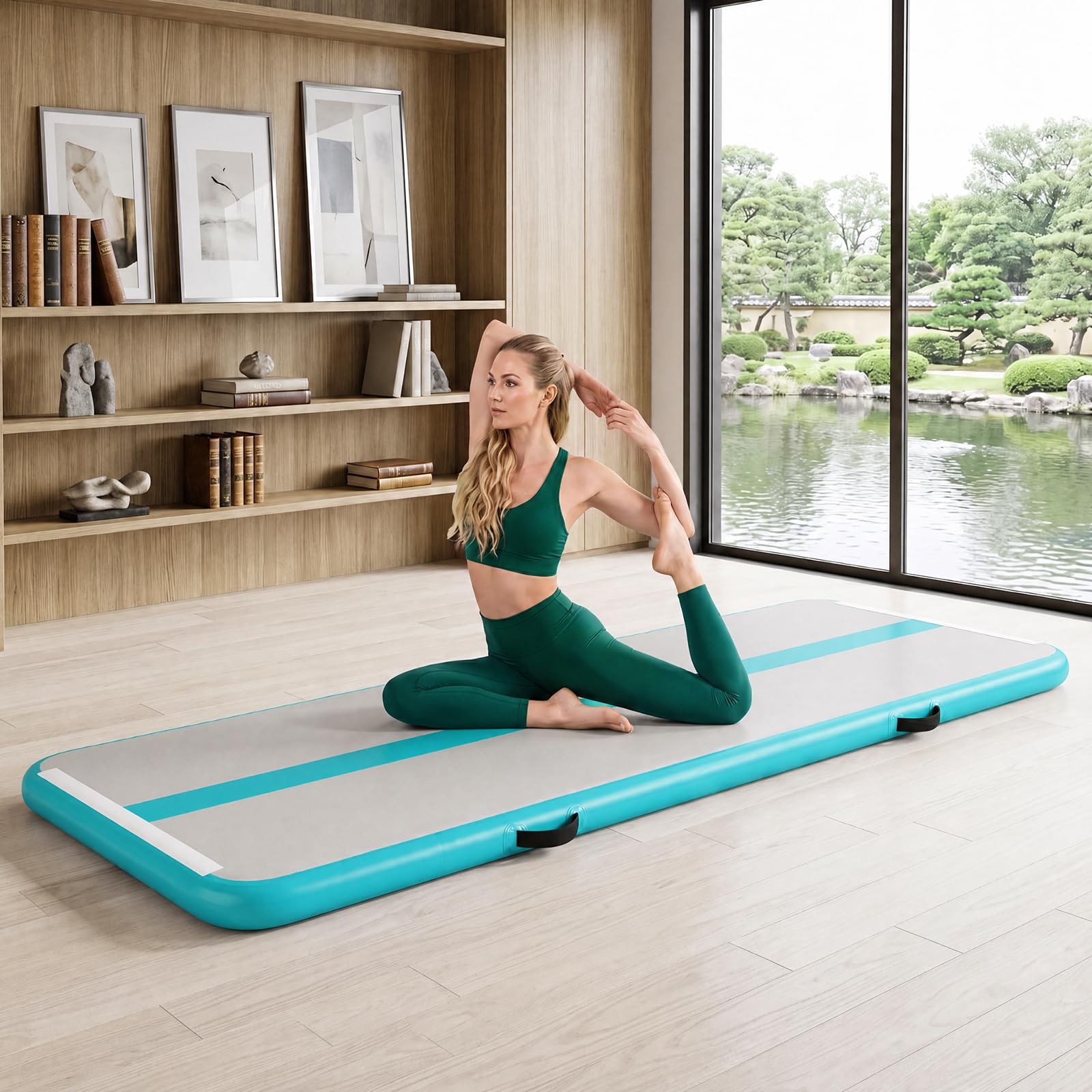 GYMAX Tapis de Gymnastique Gonflable 300 x 100 x 10 cm, Piste Gonflable de Tumbling, avec Pompe Pratique, Sac de Transport, Air Track pour Exercice, Entraînement, Fitness, Yoga, Danse
