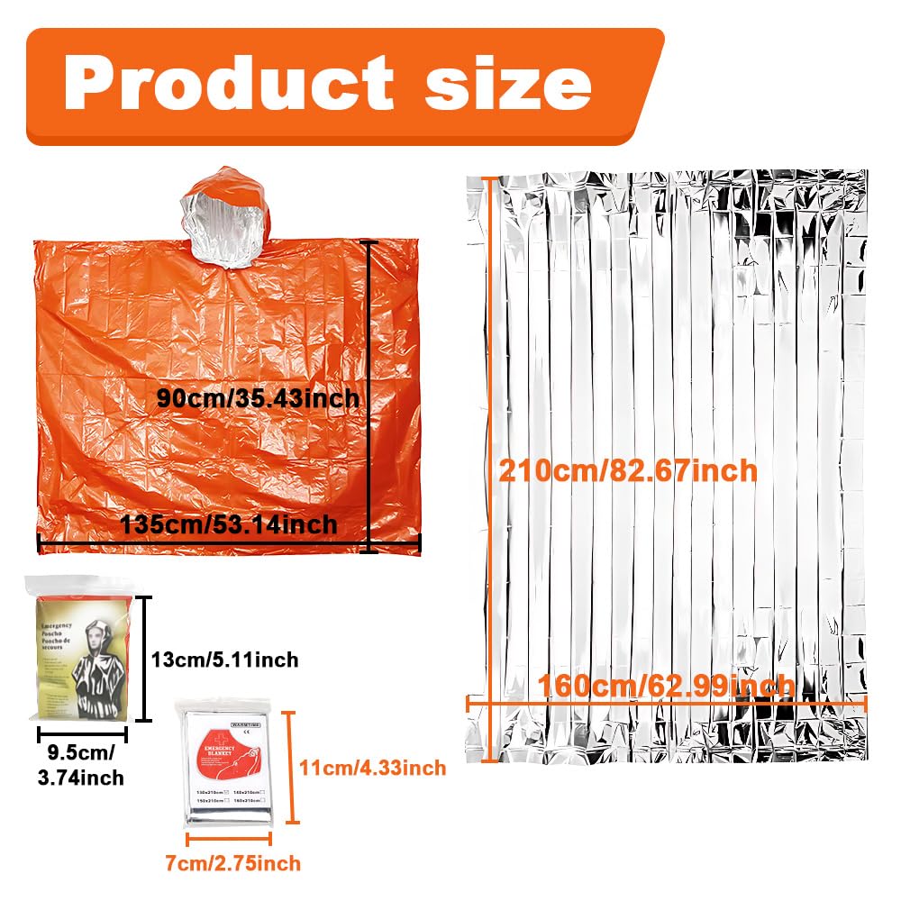 WYAN 4PCS Poncho de Survie d'urgence avec Capuche + 4PCS Couverture Thermique Couverture de Survie Reutilisable - Thermique, Imperméable, Coupe-Vent pour l'extérieur, Randonnée, Premiers Secours