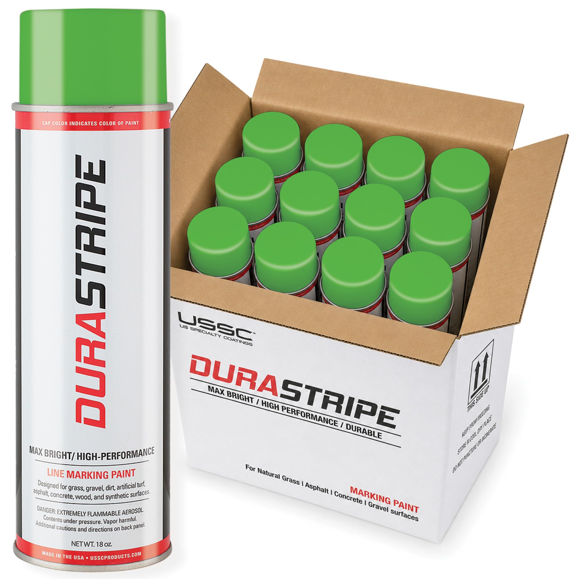 Athletic Field Marking Paint - (CASE) 12/18 Ounce Cans. The Most durable line marking paint available! Several colors to choose from. (Fluorescent Green)