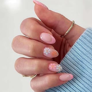 Nägel Zum Aufkleben, 24 Stück Press On Nails Almond & Press Ons, Press On Nägel mit Pink French Tip und Gänseblümchen Design