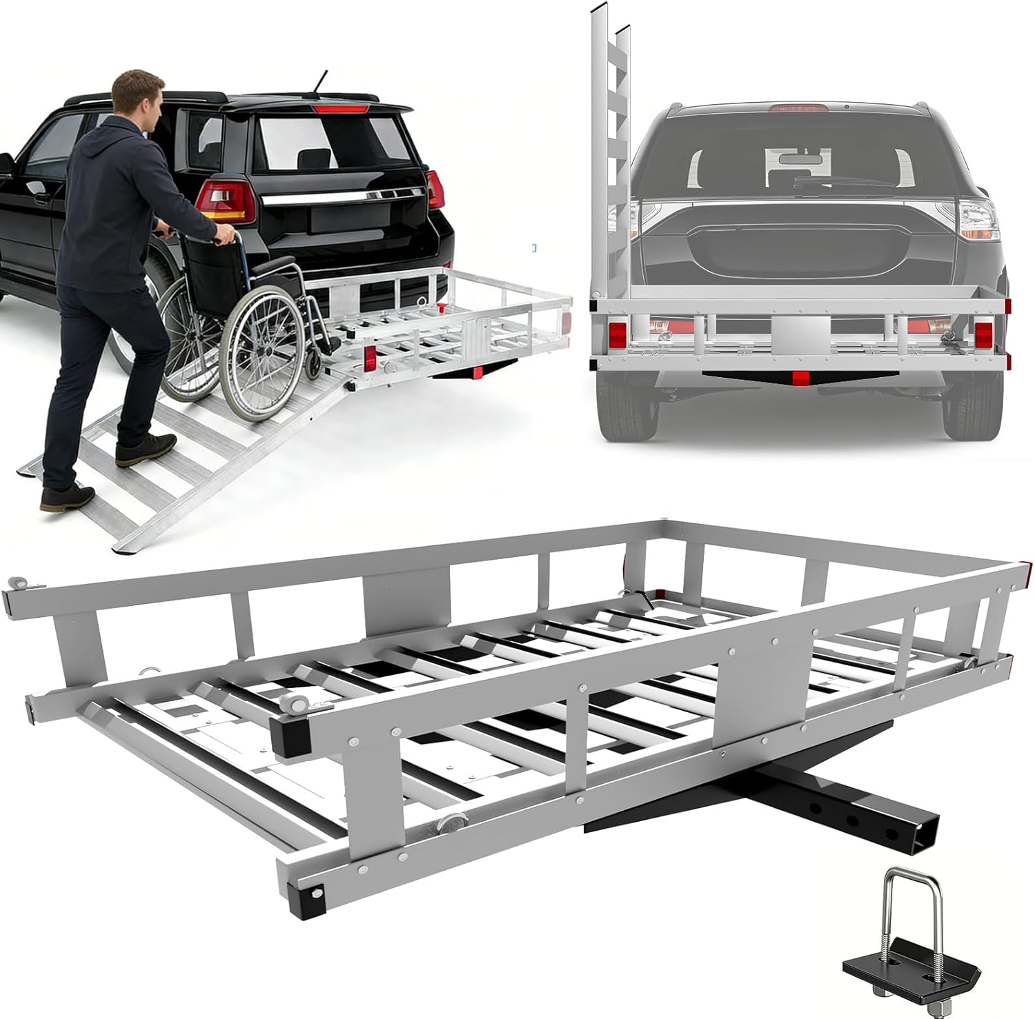 Trailer Hitch Cargo Carrier with Ramp, 1000LBS Aluminum Alloy Hitch Cargo Carrier, 54"x32"x9" Mobility Scooter Carrier, Folding Hitch Mount Cargo Carrier with 2" Receiver for Truck (Black 1000LBSV2)