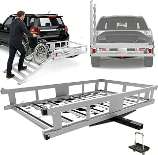 Trailer Hitch Cargo Carrier with Ramp, 1000LBS Aluminum Alloy Hitch Cargo Carrier, 54"x32"x9" Mobility Scooter Carrier, Folding Hitch Mount Cargo Carrier with 2" Receiver for Truck (Black 1000LBSV2)