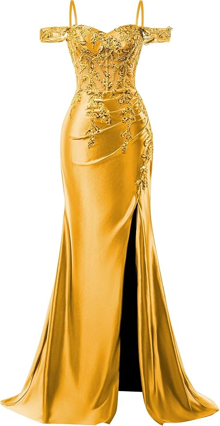 Off Shoulder Gold Dress with Slit