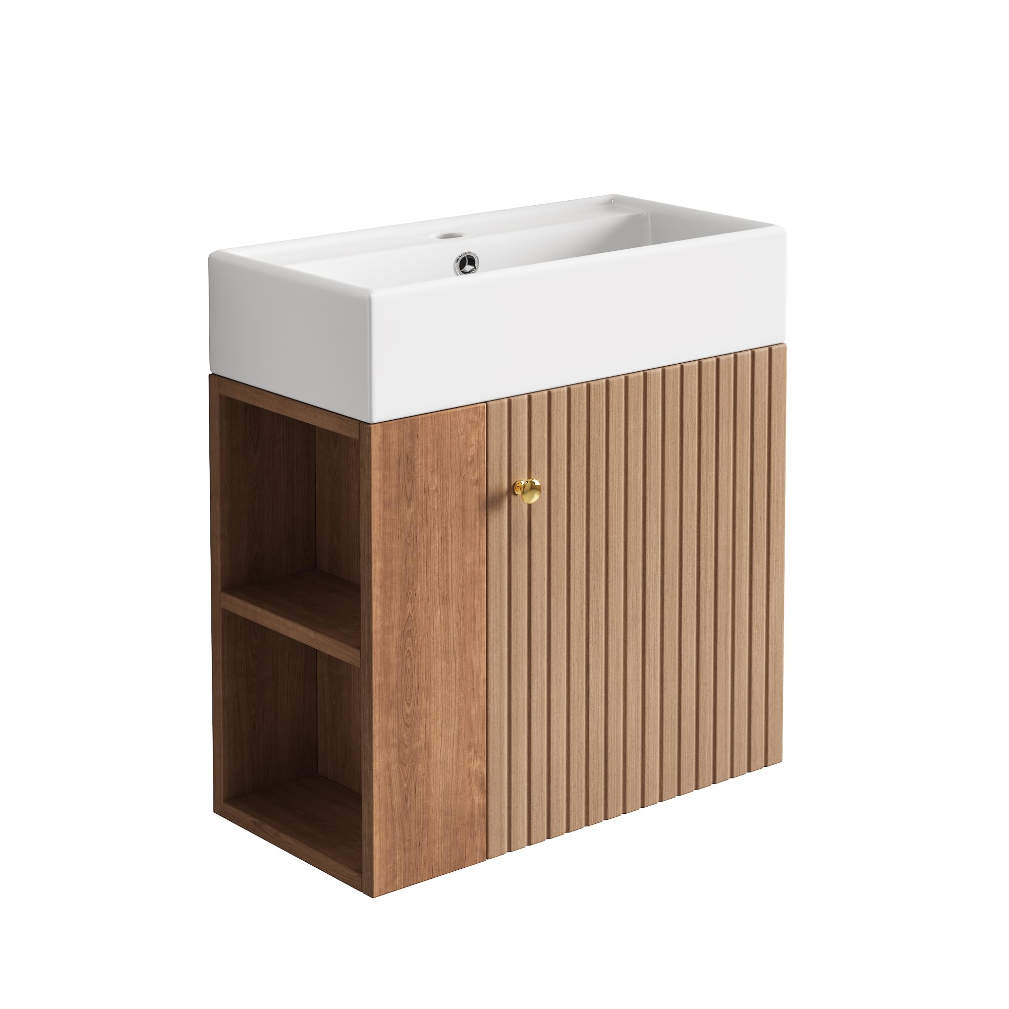HAINEW Lavabo con mobiletto da 55 cm, set di mobili da bagno con mobiletto da appendere, set da 2 pezzi con 1 anta e vano portaoggetti laterale, 55 x 31 x 66,5 cm (marrone)