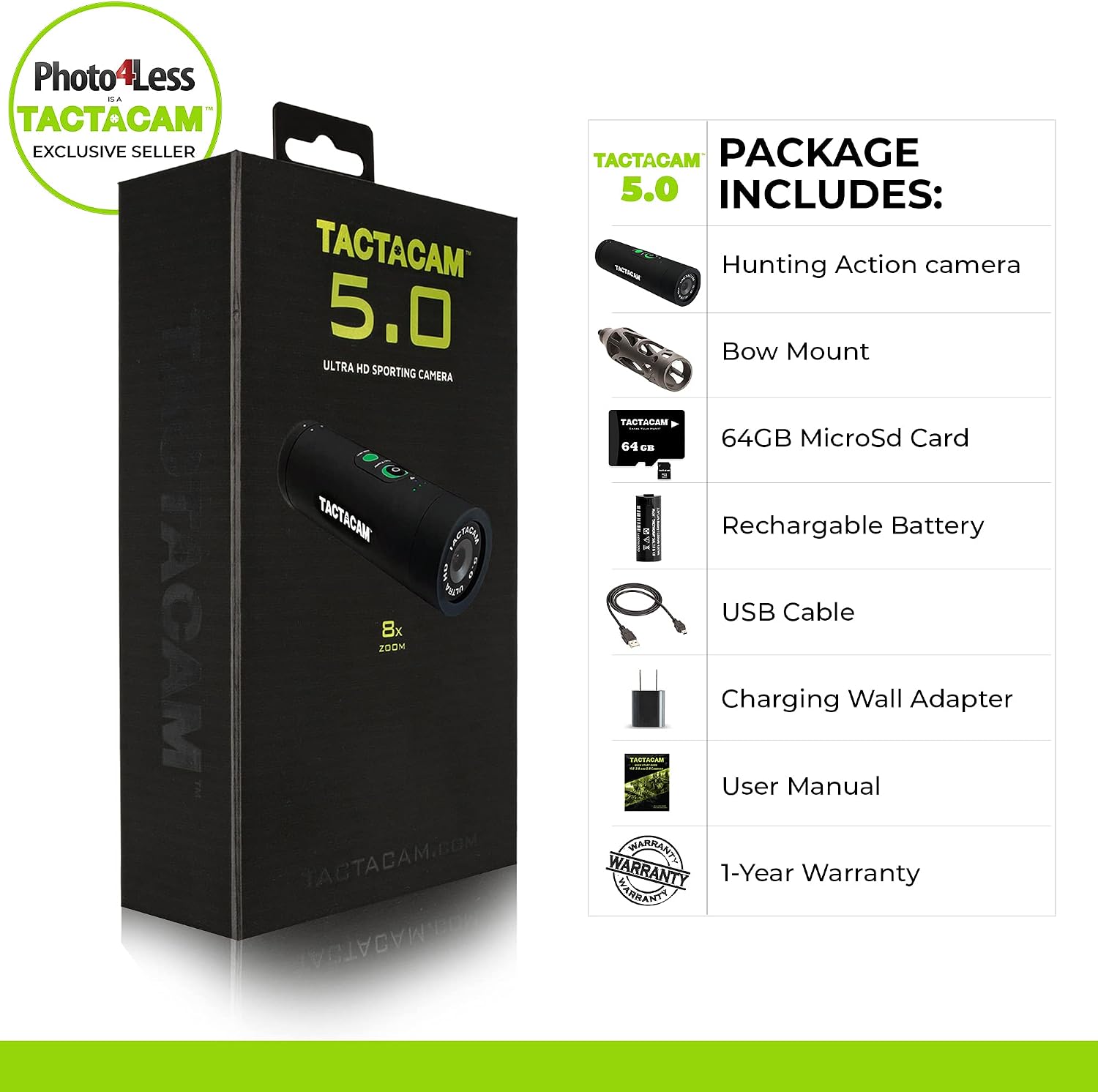Super Big Clearance! TACTACAM 5.0 Hunting Action Camera + Bow Stabilizer Mount and 64GB MicroSD Card