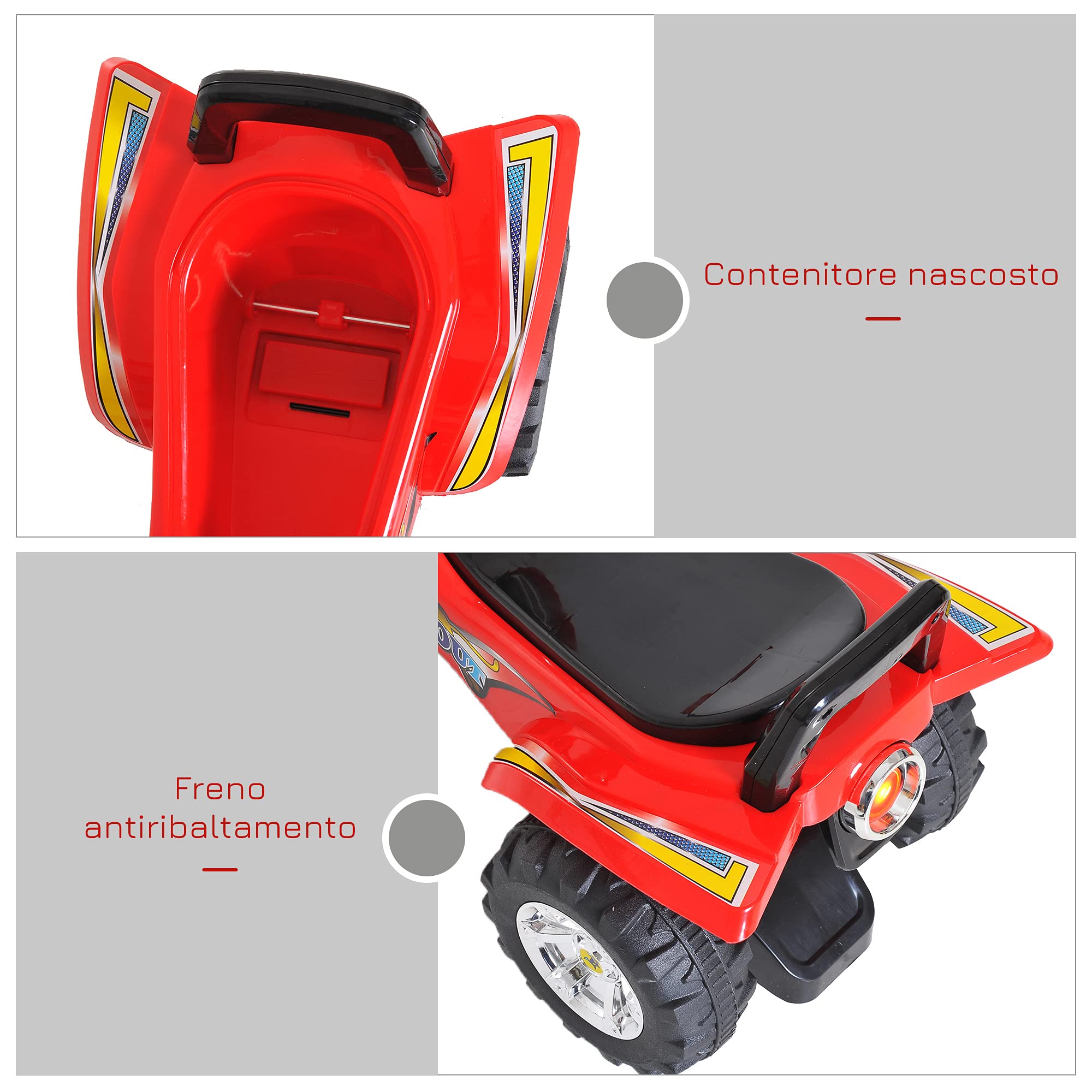 HOMCOM Quad Giocattolo per Bambini, Macchina Cavalcabile per Bambini con Clacson, Musica e Luci, 60x38x42 cm, in PP Rosso