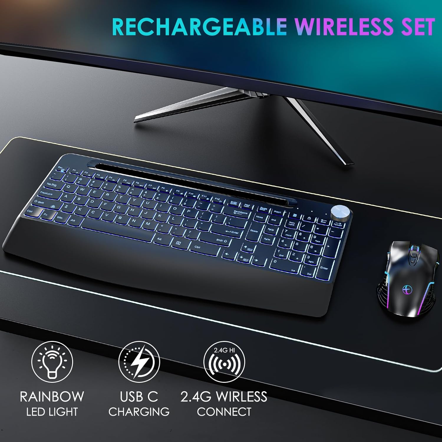2.4G Wireless Keyboard with Mouse, Backlit Wireless Keyboard Mouse Combo,Rechargeable,with 7 Colored Backlits &Phone Holder &Wrist Rest &jiggler Mouse.Lighted up Full Size for Mac Windows Laptop PC