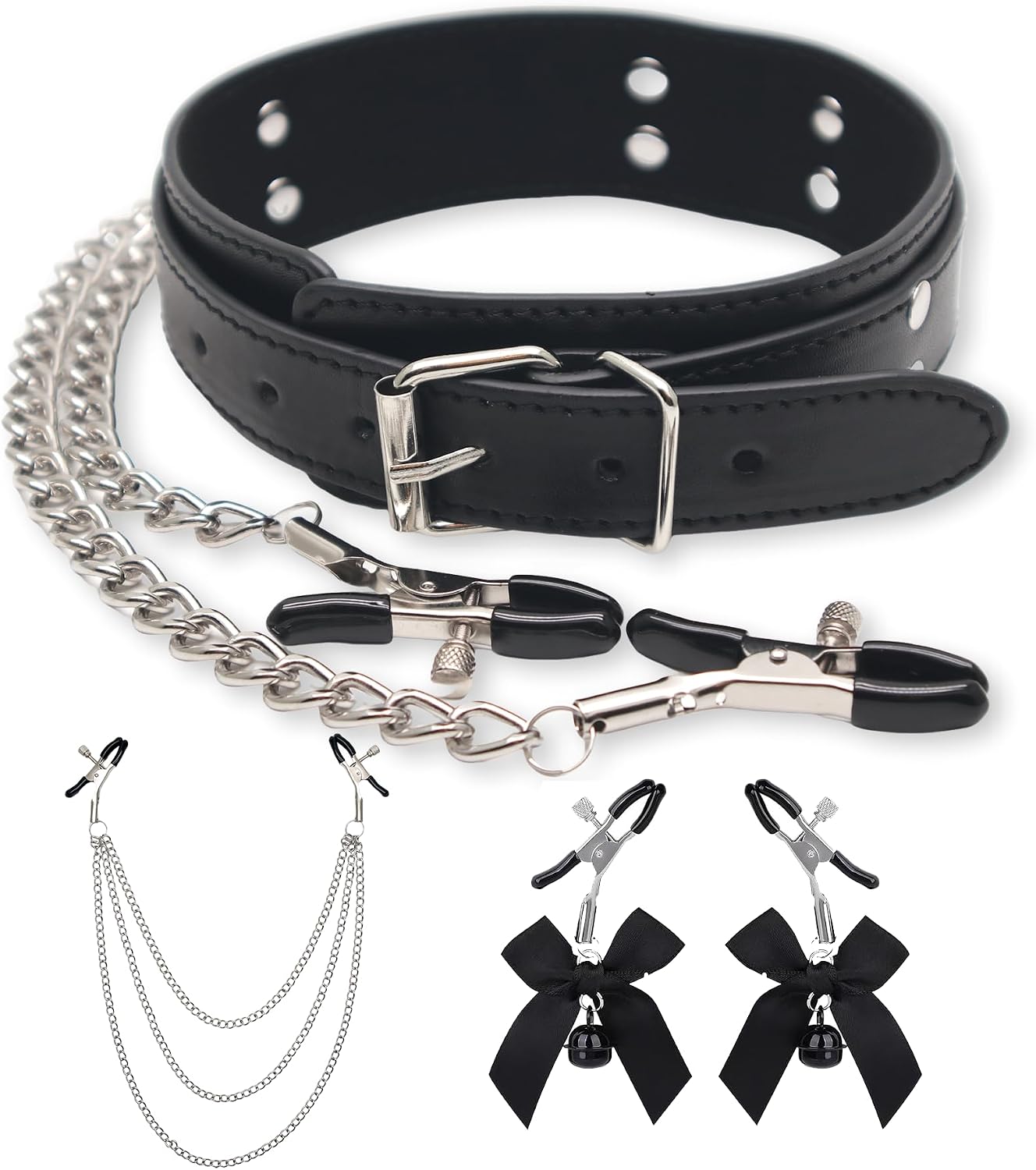 Non Piercing Body Chain jewelry Gothic Choker Necklace,Black Leather Collar Body Jewelry Faux Piercing Rings for Women