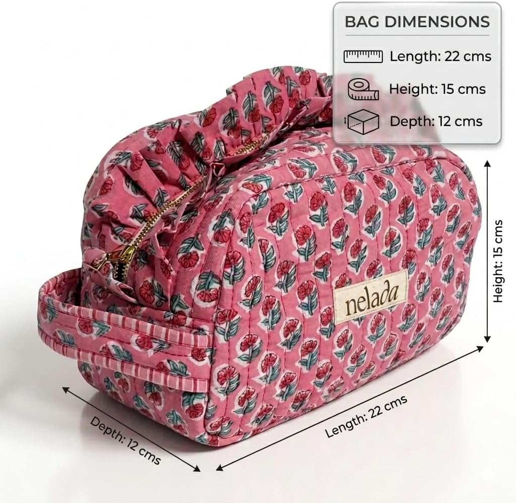 Handcrafted Block Print Quilted Cotton Makeup Bag | 100% Cotton with Elegant Frill Detail | Unique Handmade Gift for Her, Travel Makeup Organizer | Floral Handblock Print (Pink Floral)