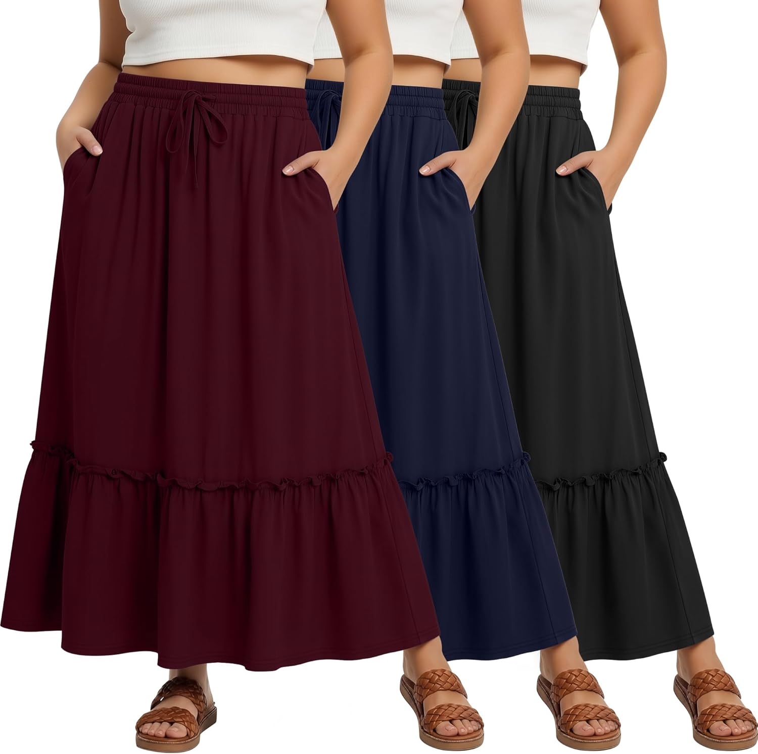 3 Pack Plus Size Maxi Skirts for Curvy Women Ankle Length Pockets Tiered Ruffle Hem Flowy Pleated Summer Long Skirts