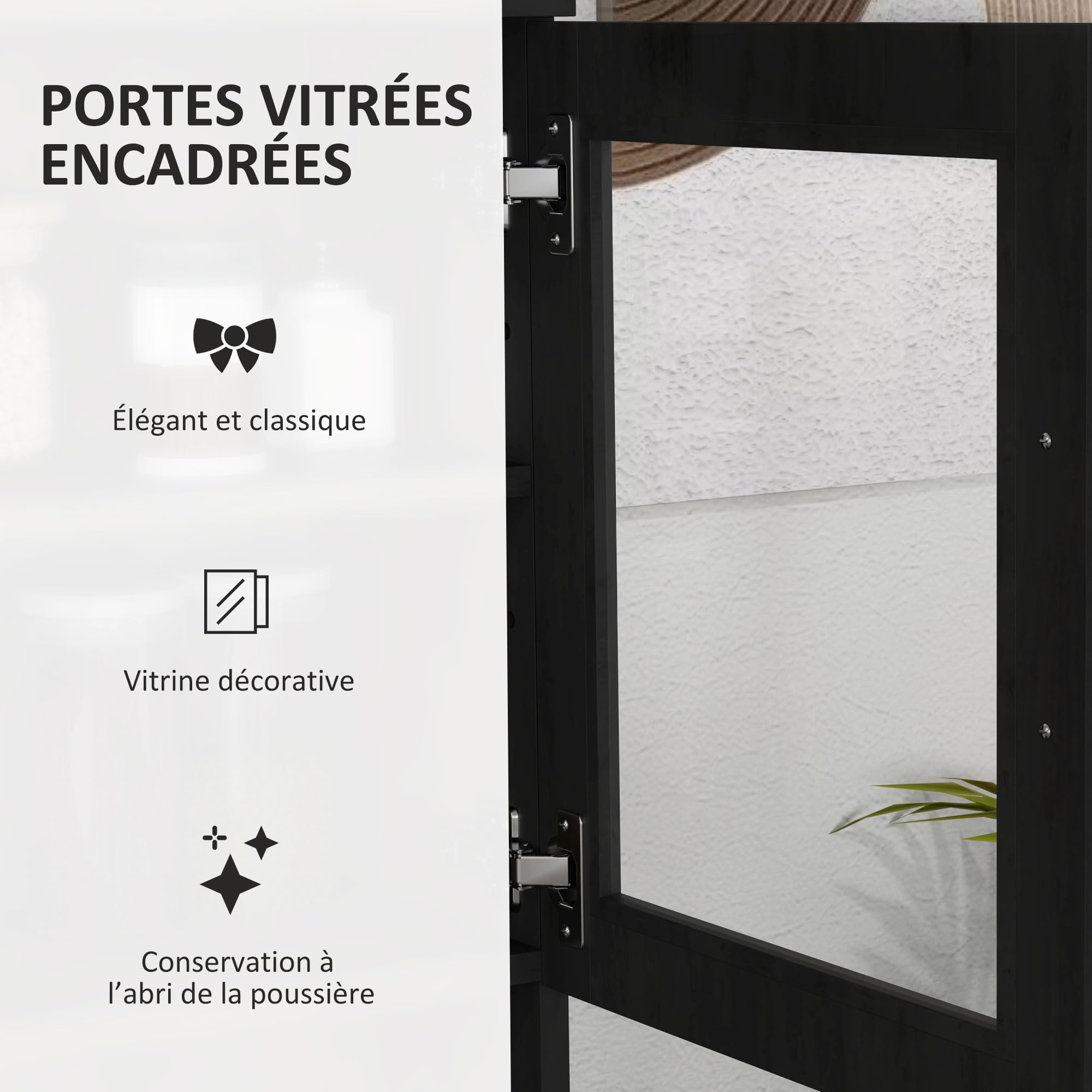 HOMCOM Buffet Haut Cuisine, Armoire de Cuisine, Tiroir, 80x48x170cm, Noir | Vaisselier, 4 Portes Dont 2 en Verre, Plan de Travail, Étagères Réglables, Meuble de Rangement pour Salon Salle à Manger