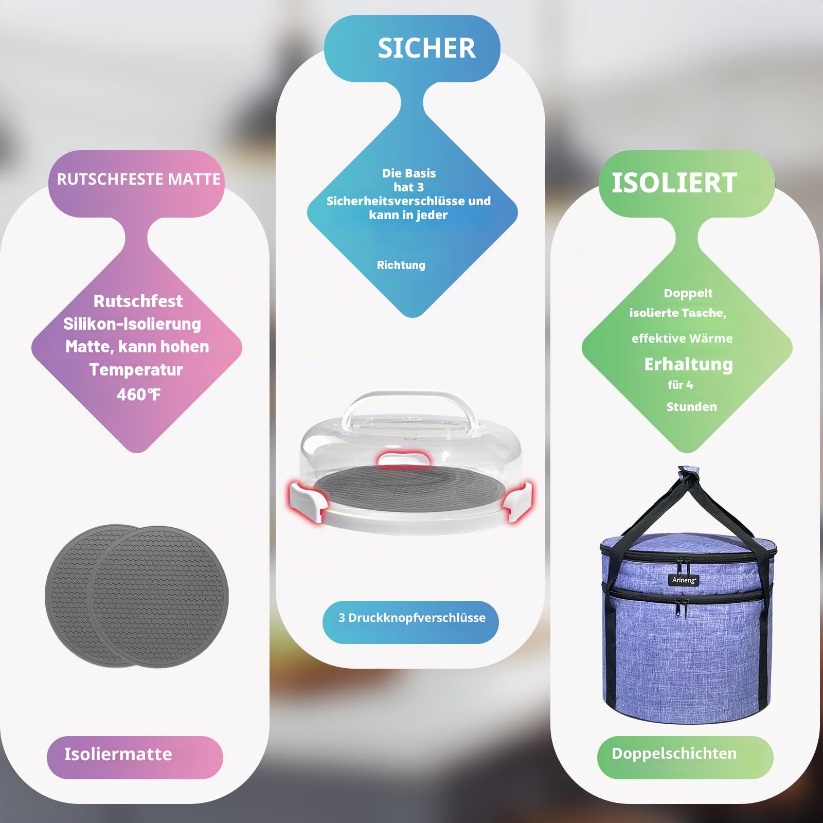 isolierte Kuchen- und Käsekuchenbehälter mit Deckel, Griffen, rutschfestem Heizkissen, Thanksgiving-Geschenke, Violett, 2 Stück