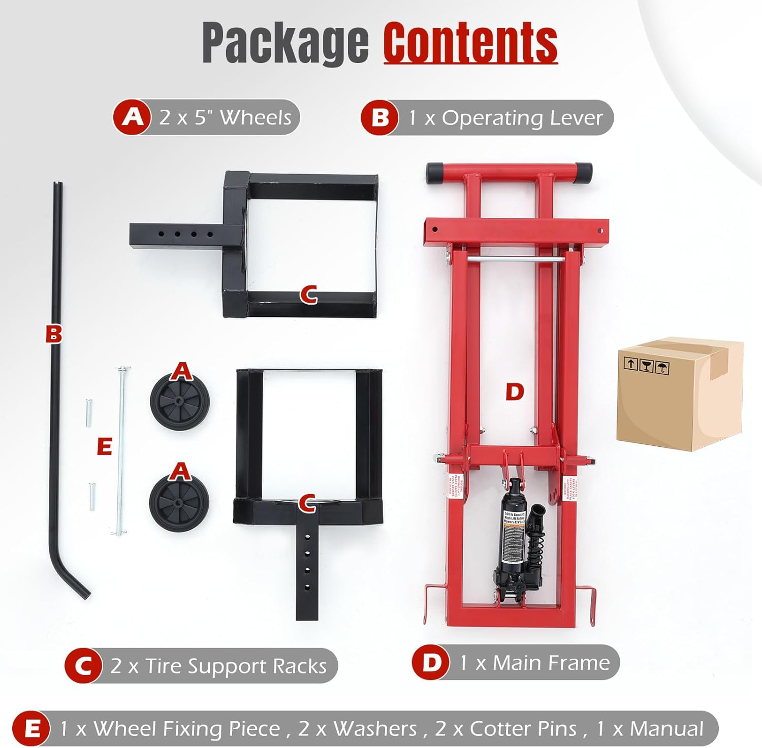 EROMMY 500LB Hydraulic Mower Lift for 40-47.6" Axle, 24" Lawn Tractor Jack with 3-Height Adjustment, Zero Turn Mower Lift for Maintenance & Repair, Red