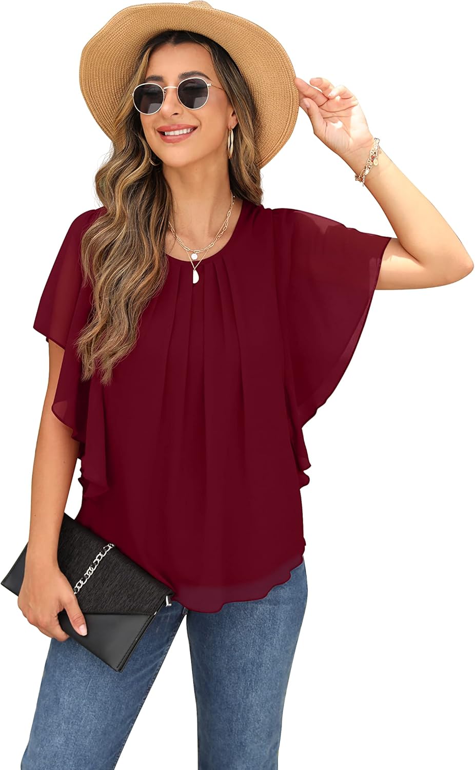 QIXING Summer Casual Loose Round Neck Chiffon Flowy Tops Blouses for Women - Image 5