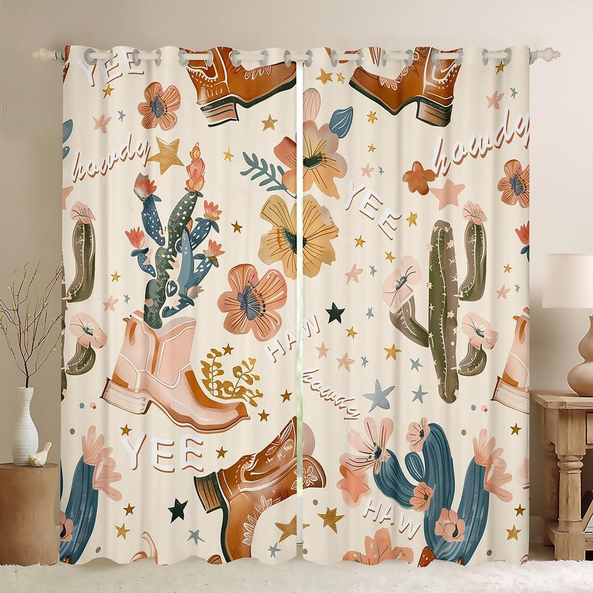 Manfei Cowboy Blackout Curtains Cowboy Boots Window Drapes for Kids Girls Room Decor, Wild West Cactus Flower Cowgirl Window Treatments, Grommet Top 2 Panel Set Curtains, 42Wx84L inch