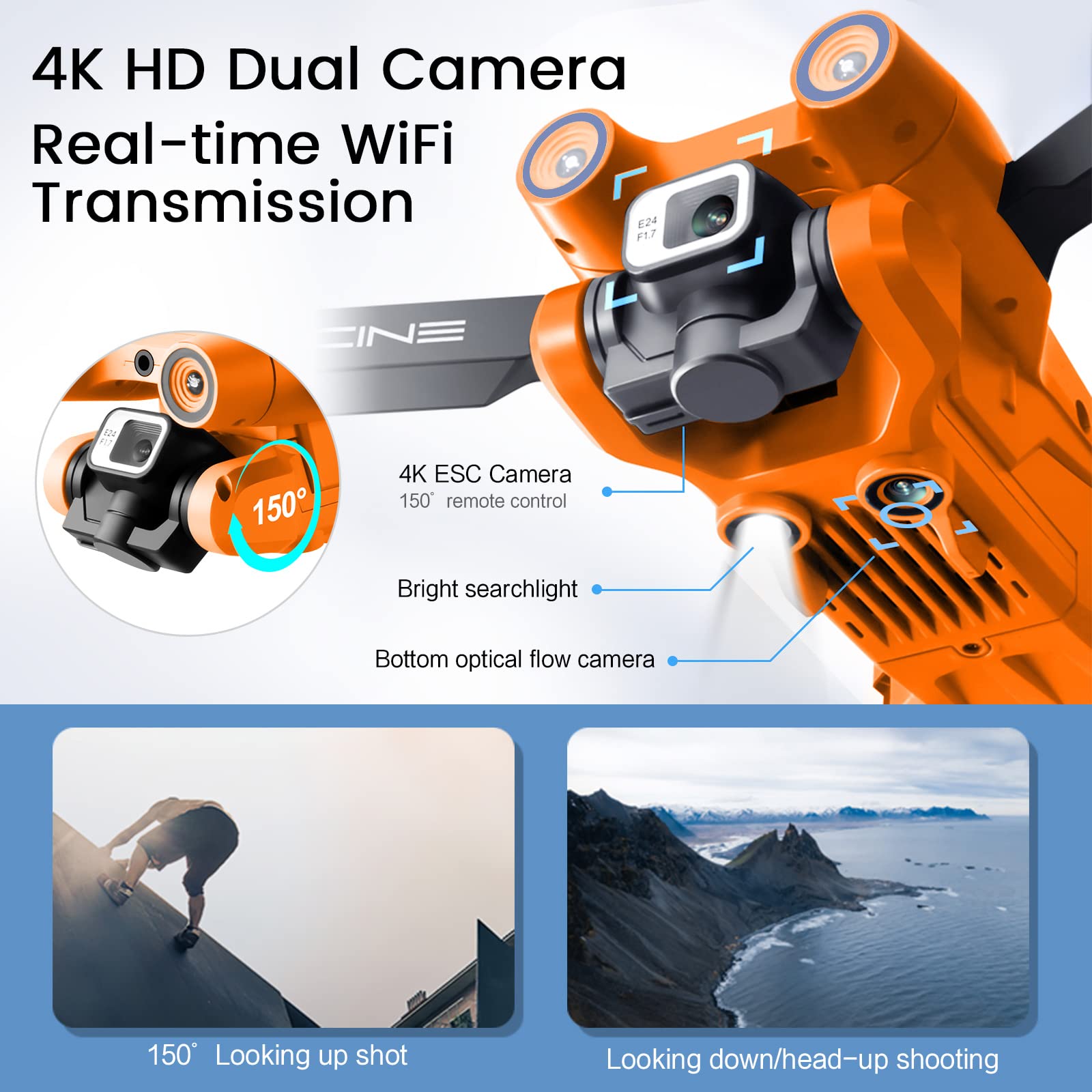 Drone avec double caméra 4K HD pour enfants et adultes – Drones quadrirotor RC avec éviter les obstacles intelligents, tenue d'altitude, jouets cadeaux pour garçons et filles débutants (orange)