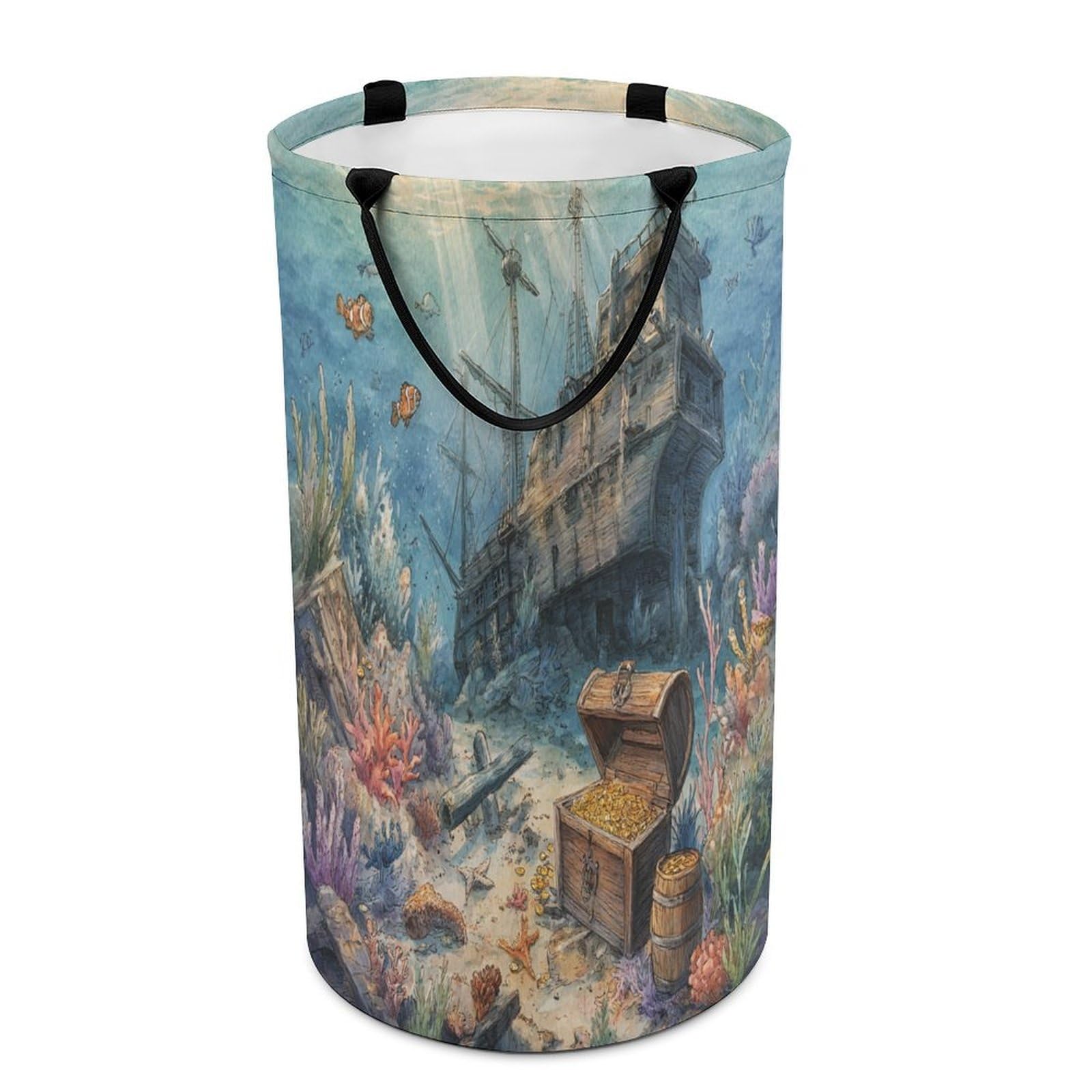 LUYYSKY Modern Retro Pirate Ship Versatile Storage Laundry Basket, Vintage Nautical Underwater Treasure Ocean Animal Fish Coral Large Bathroom Laundry Hamper With Handle-40 CM Dia, 69 CM High