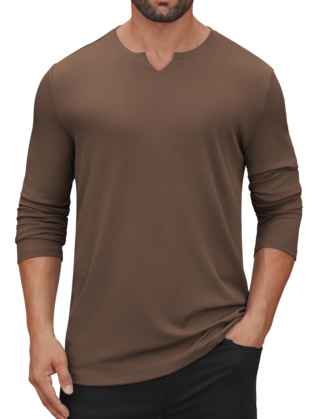 Hardaddy Mens V Neck Long Sleeve Ribbed Casual T-Shirt Classic Basic Solid Tee Shirts