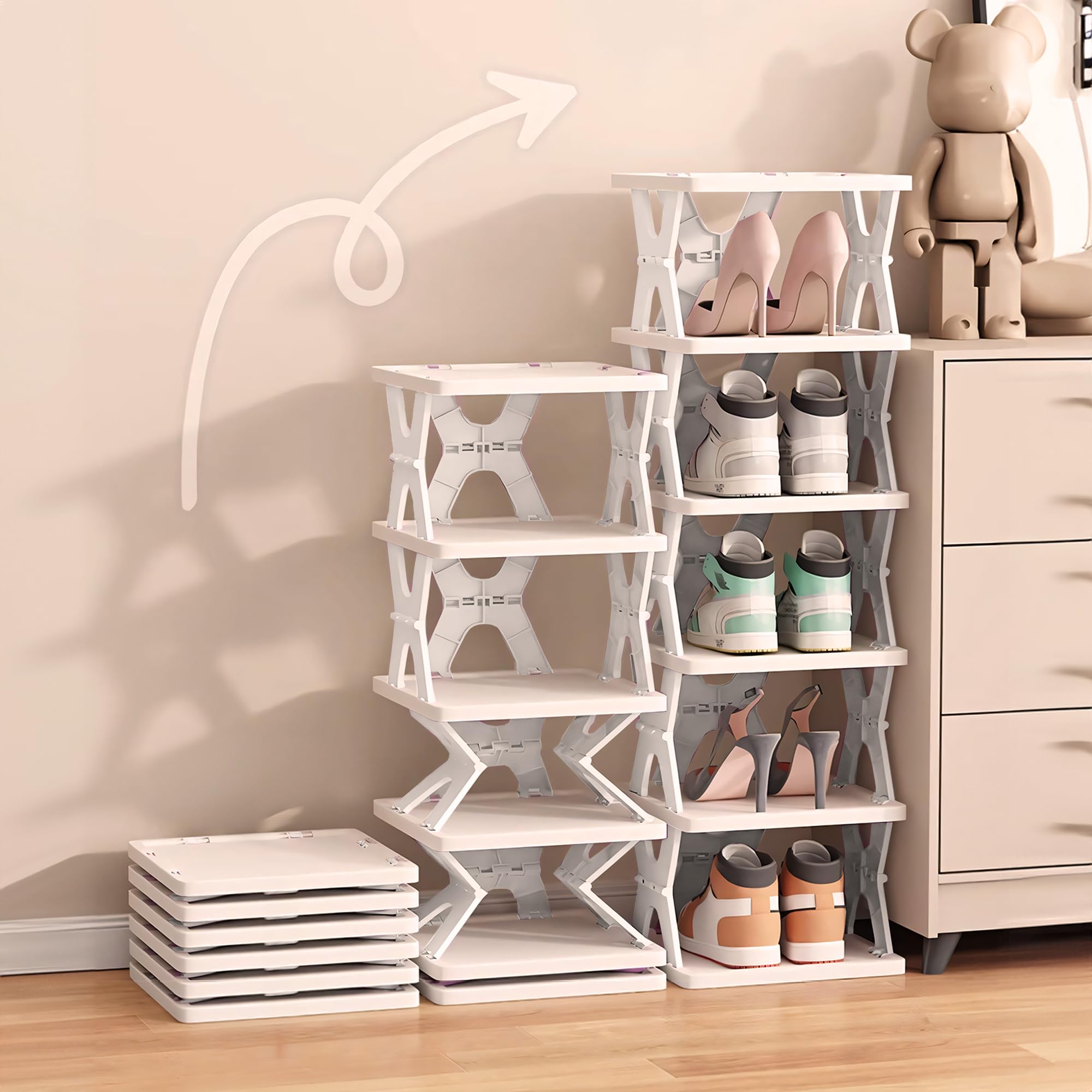 XDMTWLKJ Collapsible Shoe Rack 6 Tiers-Foldable Shoe Organizer for Closet, Space-Saving Kid's Shoe Storage, No Assembly Shoe Shelves for Entryway, Living Room, Bedroom, Grey