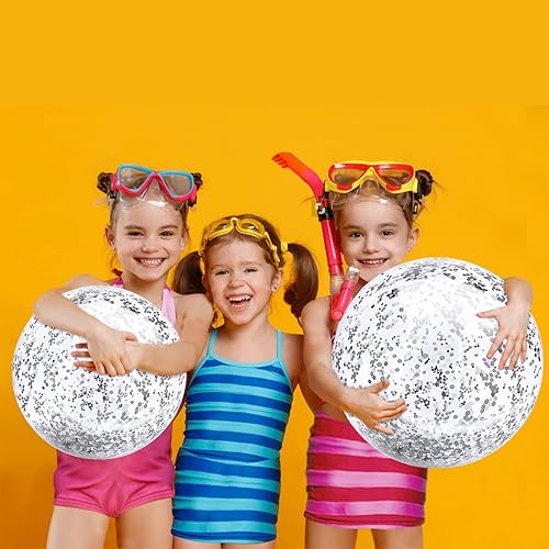 Miniatura 49 de TURNMEON 5 bolas de playa con purpurina, lentejuelas gigantes de 24 pulgadas y 16 pulgadas, bolas de playa inflables rosas para niños y adultos