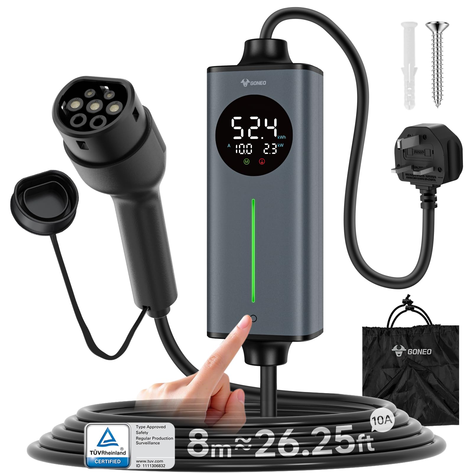 GONEO Portable EV Charger 5M, 3-Pin UK Plug to Type 2 | Temperature Monitor,AC 30mA+DC 6mA Leakage & Earth Protection | 10A 2.3kW Electric Car Charging Cable for Home/Travel,Adjustable Current & Timer — view 11