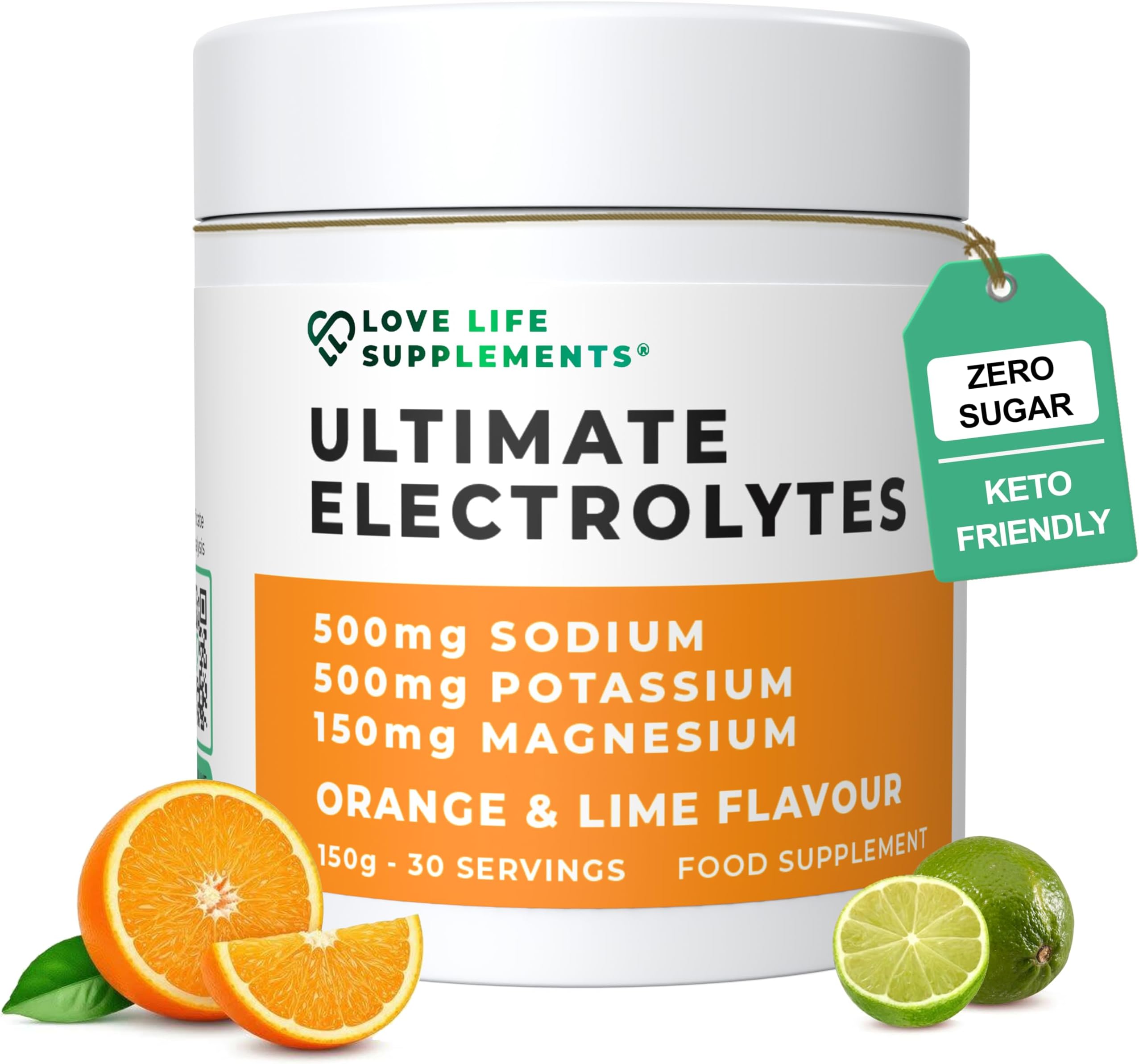 – Ultimate Electrolytes Powder, 500mg Sodium, 500mg Potassium, 150mg Magnesium, 30 Servings, Himalayan Salt, Hydration & Rehydration, Orange & Lime, Zero Sugar, Vegan - Love Life Supplements