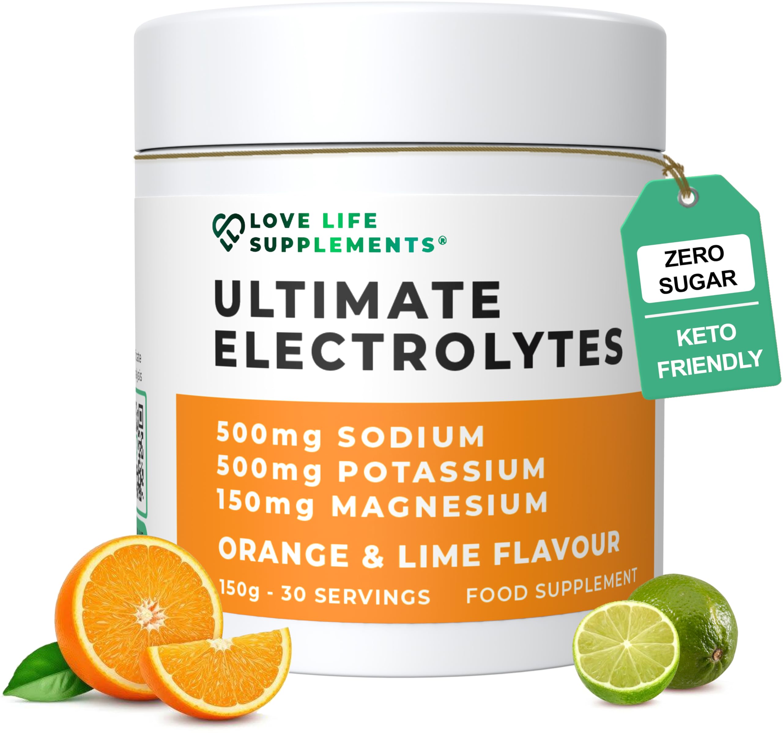 Love Life Supplements Ultimate Electrolytes Powder, 500mg Sodium, 500mg Potassium, 150mg Magnesium, 150g - 30 Servings, Pink Himalayan Salt for Hydration, Orange & Lime Flavour, Sweetened with Stevia