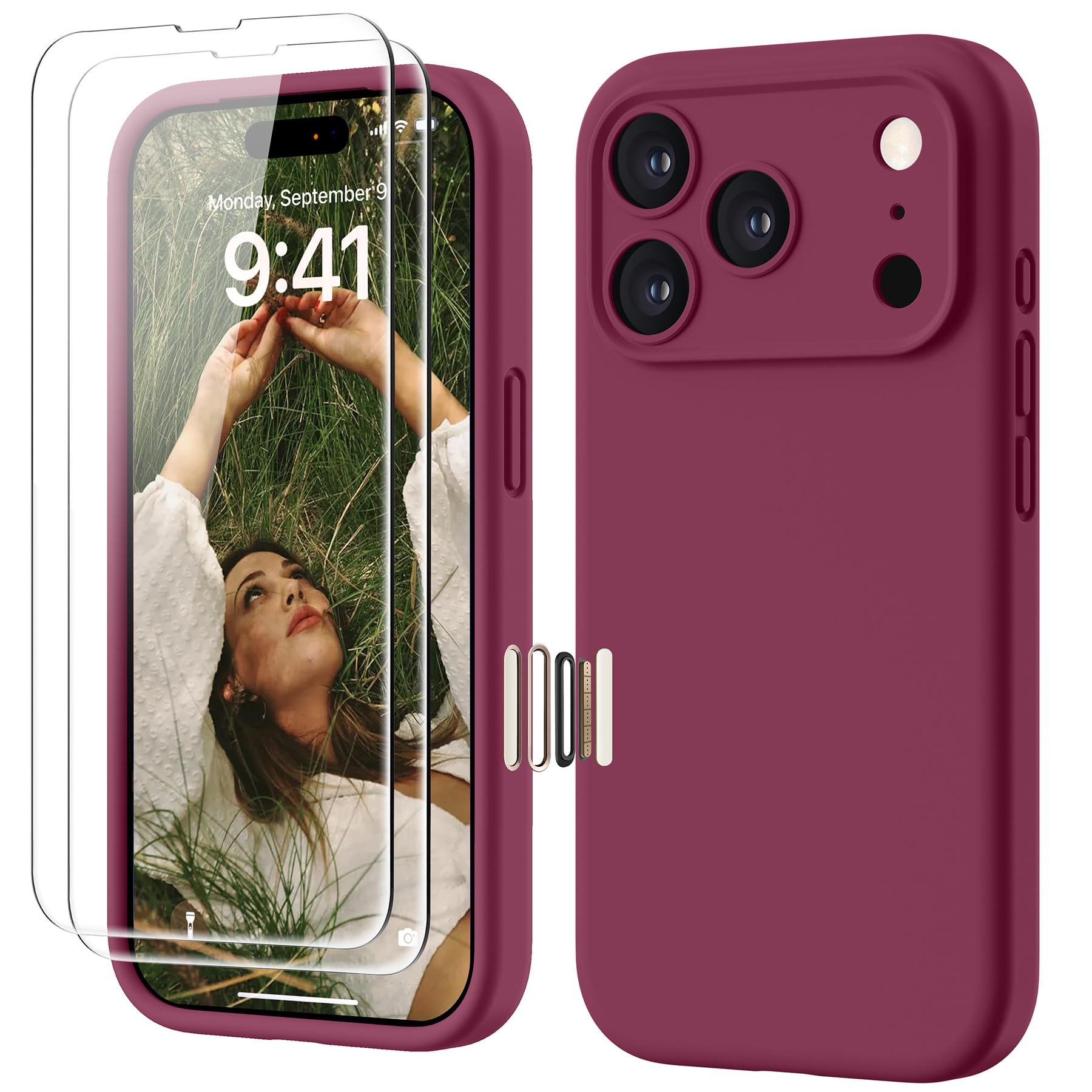 GOODVISH Silicone Cover per iPhone 17 Pro 6.3", Custodia con 2x Vetro Temperato [Pulsante Controllo Fotocamera] 360° Protezione Anticaduta Case per Cellulare Antiurto Resistente, Vino Rosso
