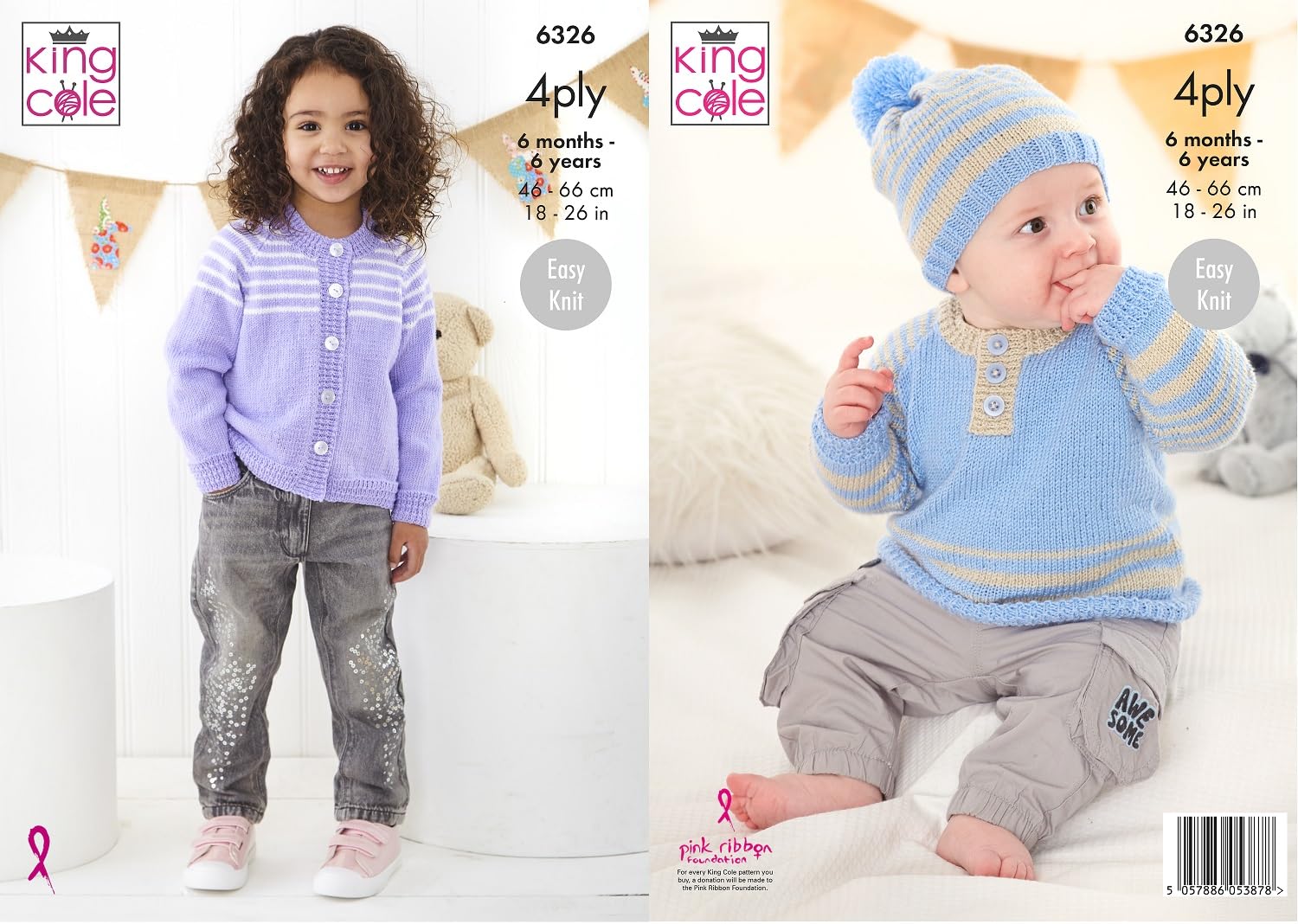 King Cole Childs Knitting Pattern 4Ply Babies Cardigan Sweater & Hat (6326)